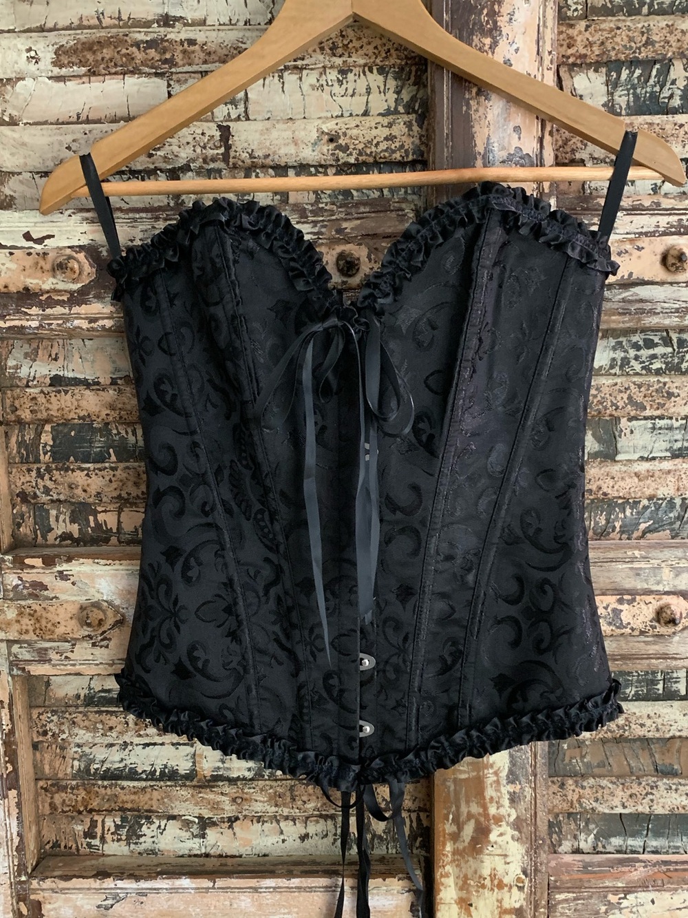 Black Jacquard Lace-Up Overbust Bustier Corset Top Waist Cincher, Ruffle Trim, S